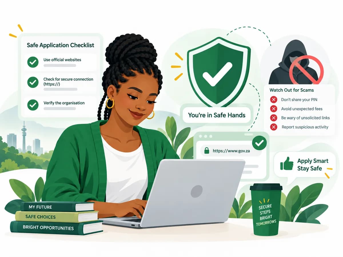 Student using a secure application checklist to avoid bursary and online scams