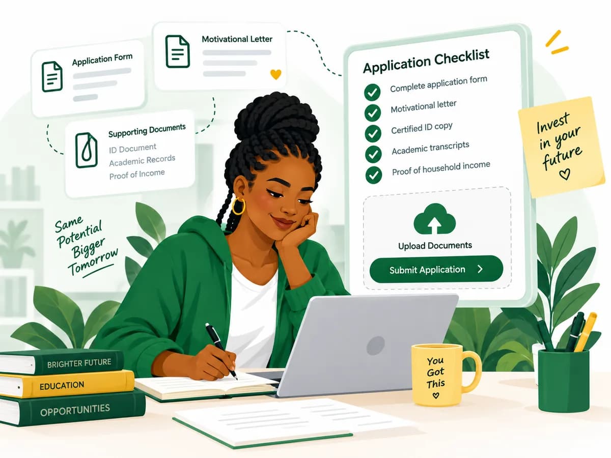 Student preparing bursary application forms and supporting documents