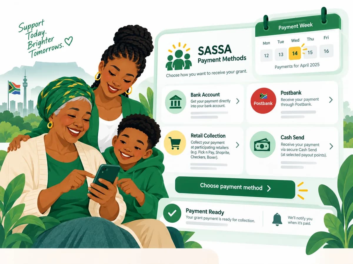 South African family reviewing SASSA payment methods and payment week information