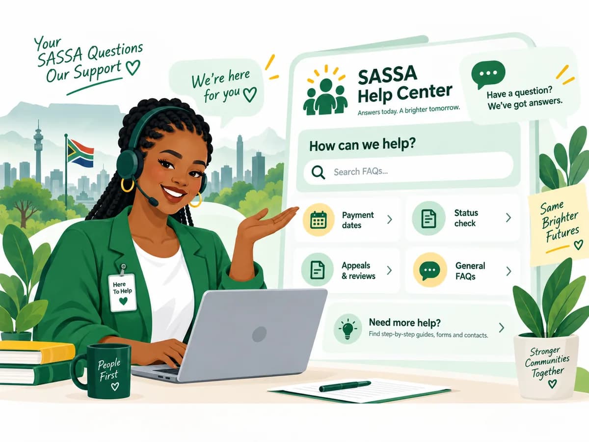 Help centre illustration for SASSA questions, payment dates, status and appeals
