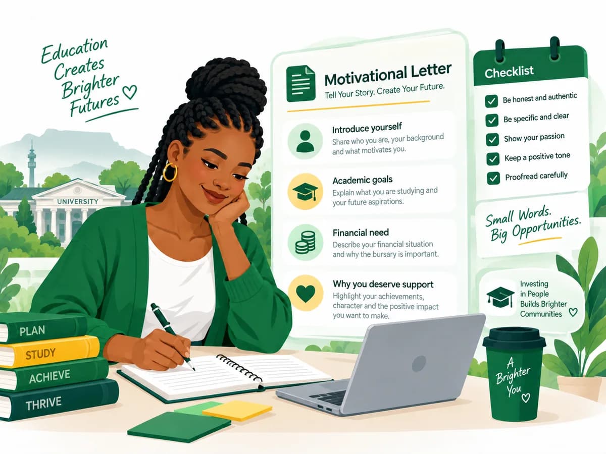 Student writing a bursary motivational letter with a practical checklist